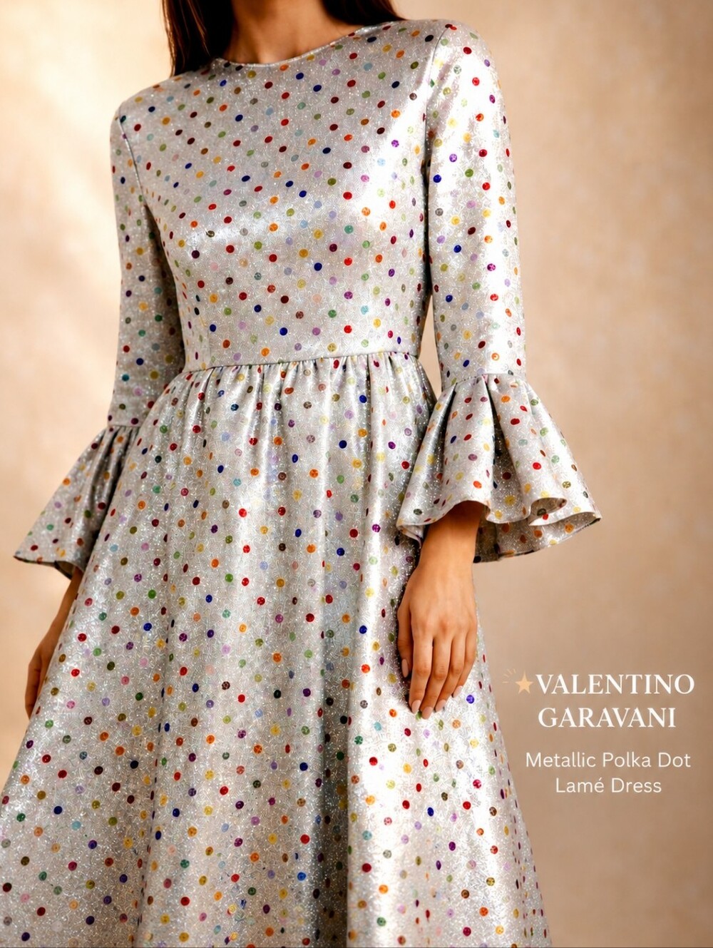 Valentino Garavani Elegant Lamé Maxi Silver Metallic Dress Colored Polka Dots